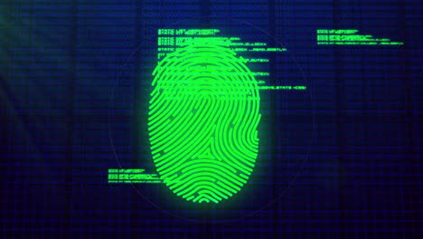 animation of data processing over biometric fingerprint on dark background