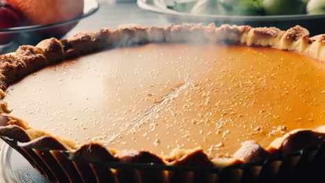 closeup of a freshly baked pumpkin pie