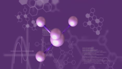 Molecular-structures,-element-and-dna-strand-diagrams-with-data-processing-over-purple-background