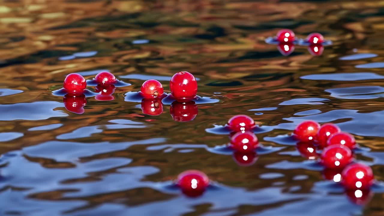 Close-up video of vibrant red berries floating on rippling water, captured from a low angle