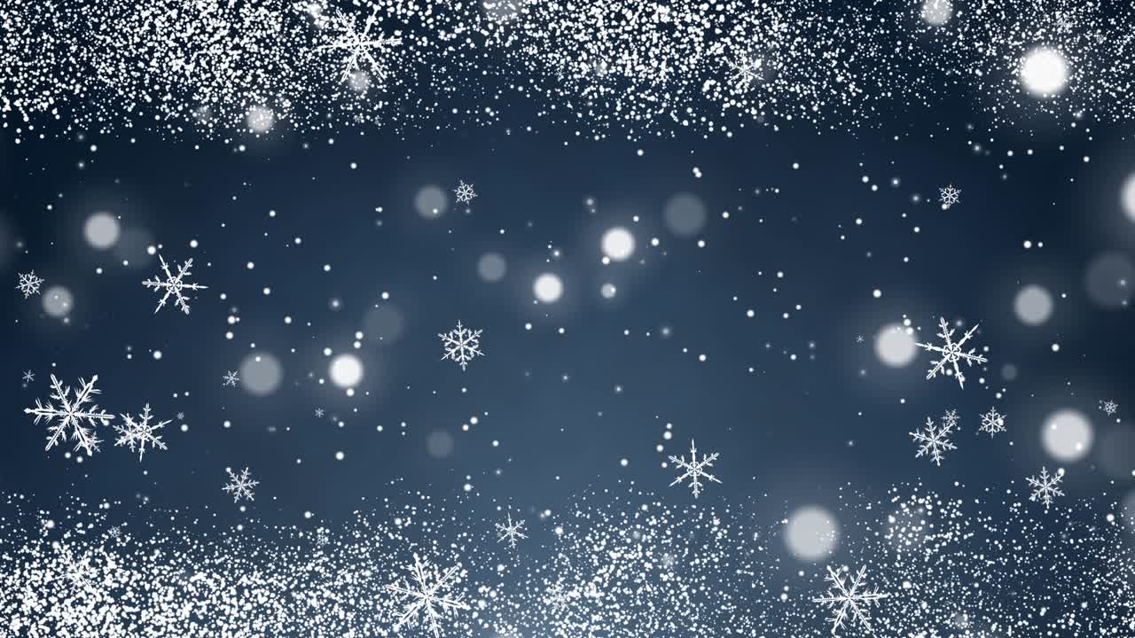 confeti blanco, copos de nieve y luces bokeh en el fondo azul de navidad