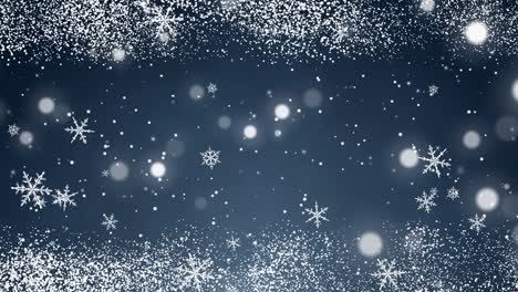 white confetti, snowflakes and bokeh lights on the blue christmas background