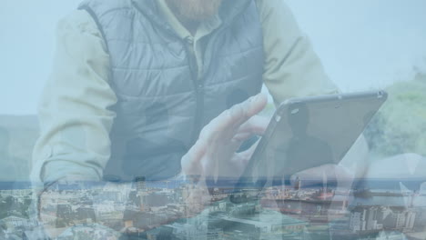 animación del paisaje urbano sobre hombres que usan teléfonos inteligentes