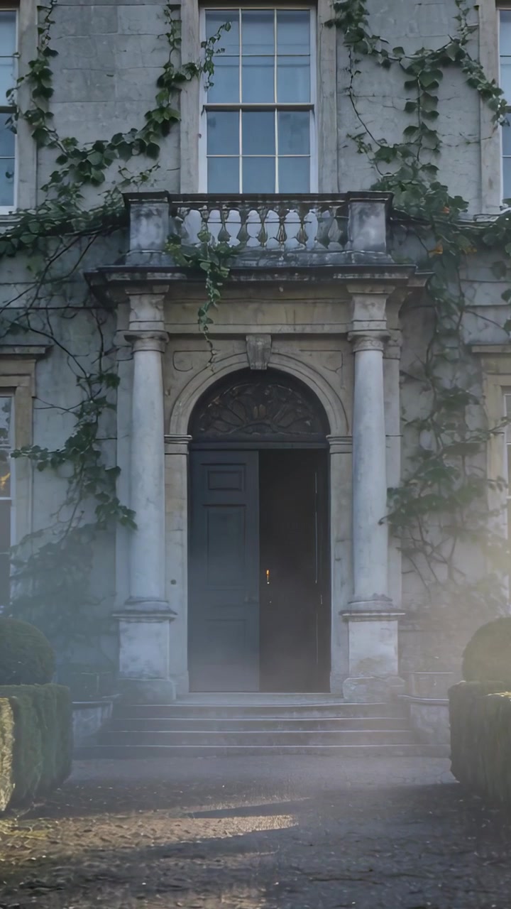 Video vertical: Pequeño resplandor amarillo apareciendo, niebla elevándose de una puerta de madera ligeramente entreabierta en el pórtico.