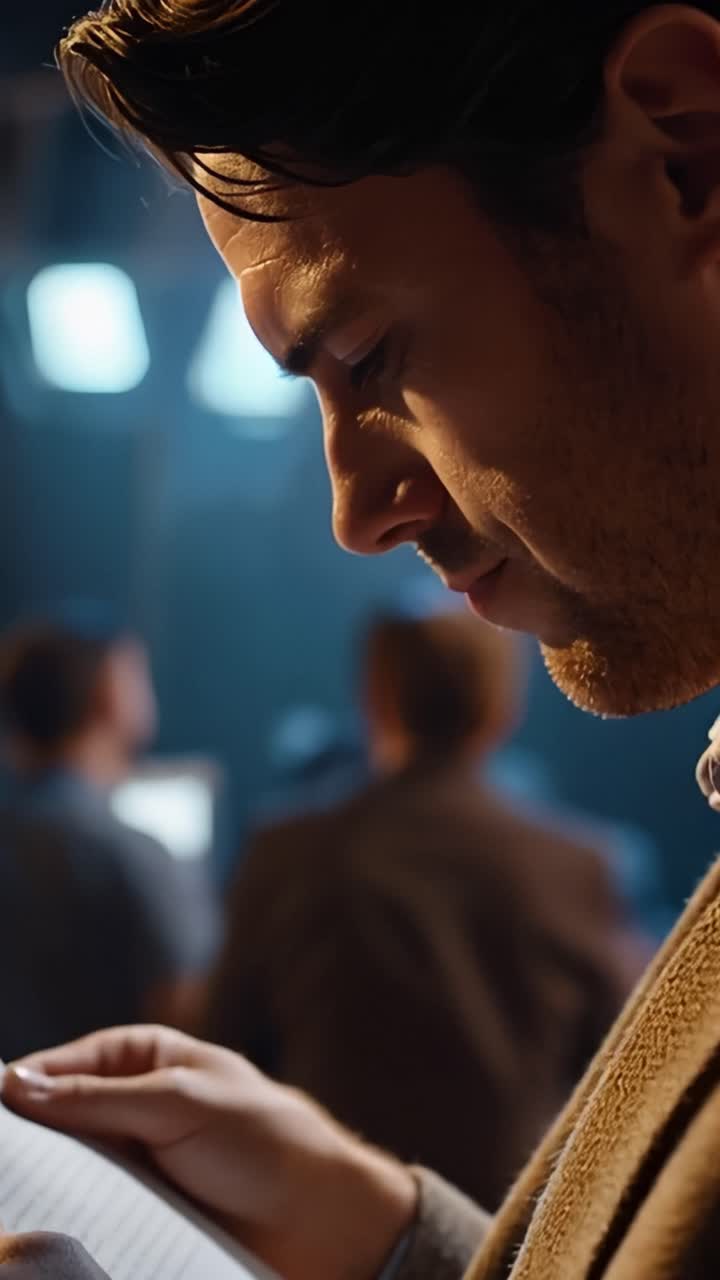 Uomo legge un documento, concentrato, pensieroso. L'illuminazione soffusa evidenzia la fronte, la barba e le mani. Lo sfondo mostra figure sfocate, ambiente fioco. Il tono suggerisce una decisione silenziosa o una riflessione.