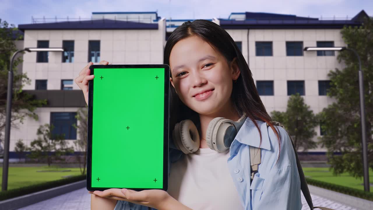 학교 건물 앞에 서 있는 녹색 스크린 태블릿을 카메라에 보여주고 미소 짓는 배을 가진 아시아 십대 소녀 학생의 클로즈업