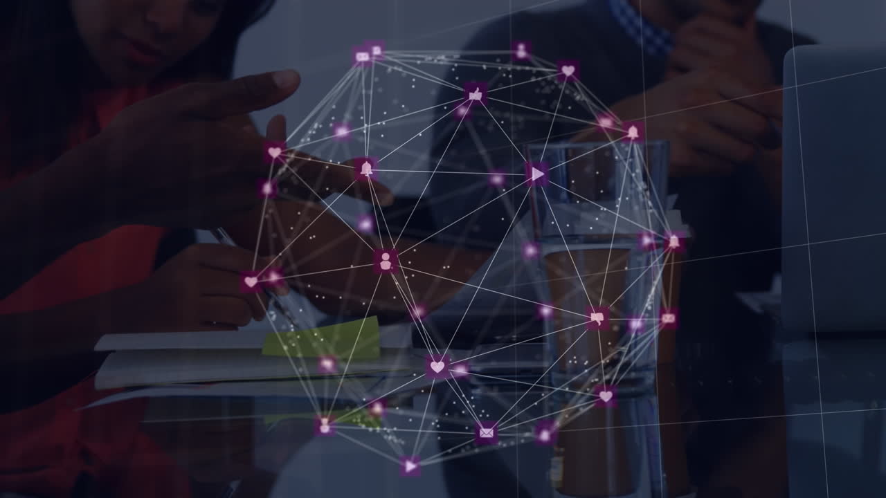 Animation of data processing over diverse business people talking