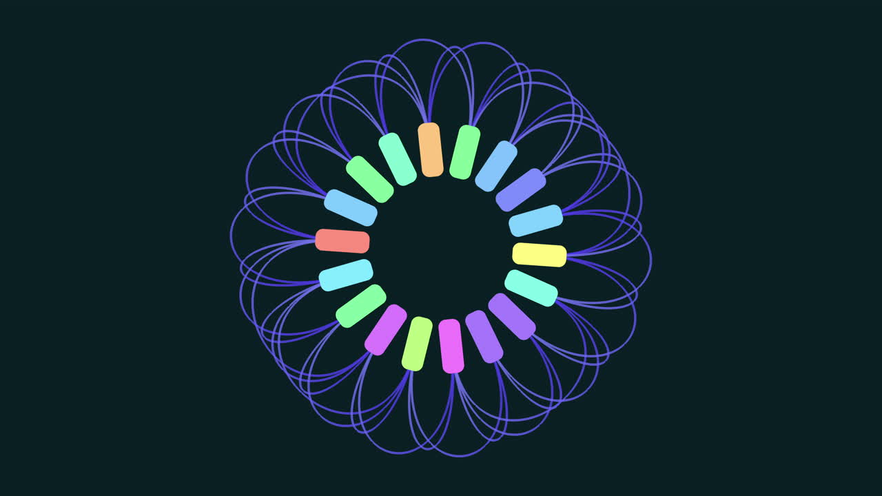 círculos de arco iris digitales y futuristas a partir de puntos y líneas en degradado negro