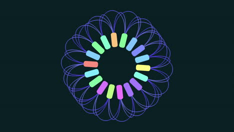 Digital and futuristic rainbow circles from dots and lines on black gradient