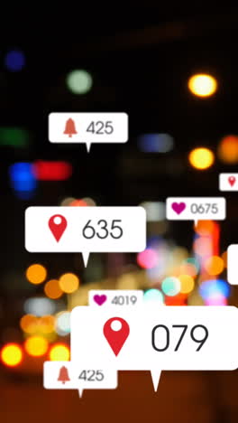 animación de iconos y números de redes sociales fuera de enfoque de la ciudad y los semáforos