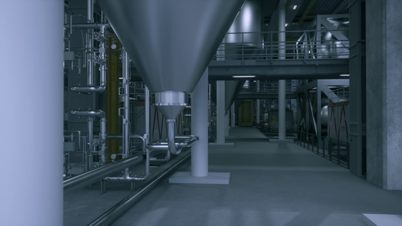 Industrial Fermentation Tanks And Piping In A Modern Brewery Or Chemical Plant