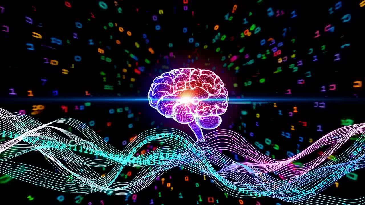 Glowing colorful binary code data streams are flowing around a bright pink and orange human brain, symbolizing artificial intelligence and machine learning concepts