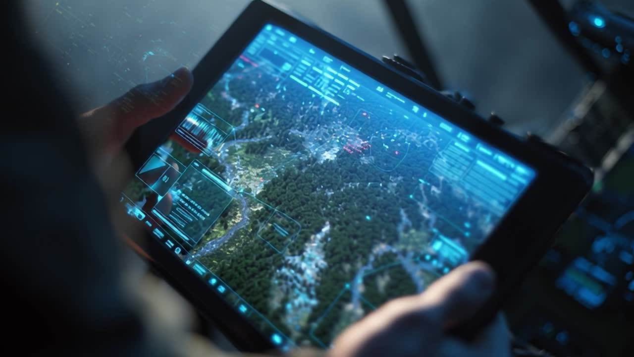 High-tech tablet displays detailed map during aerial surveillance operation
