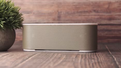 small beige wireless speaker on wooden table with plant