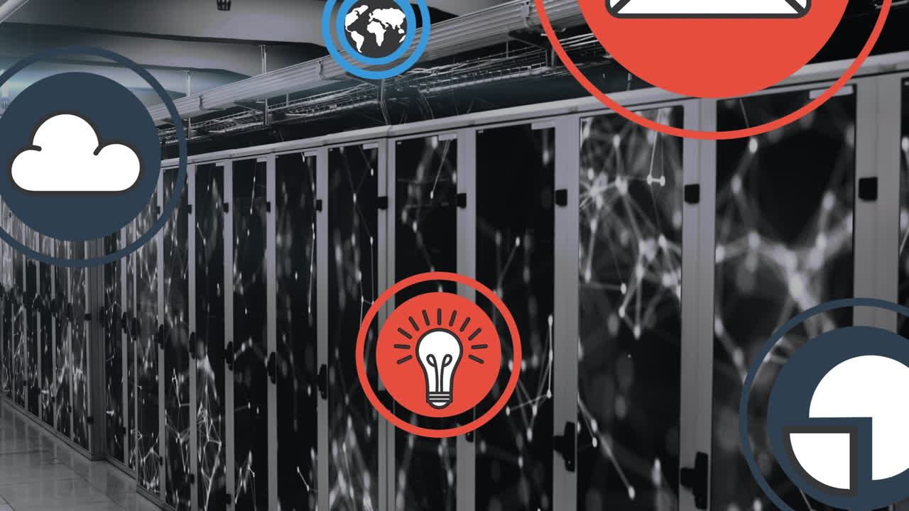 animación de iconos de medios sobre la sala del servidor