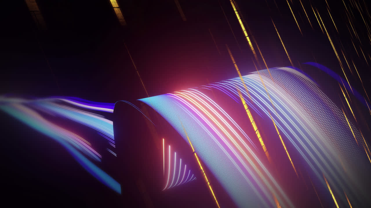 Animation of shapes over light trails on black background