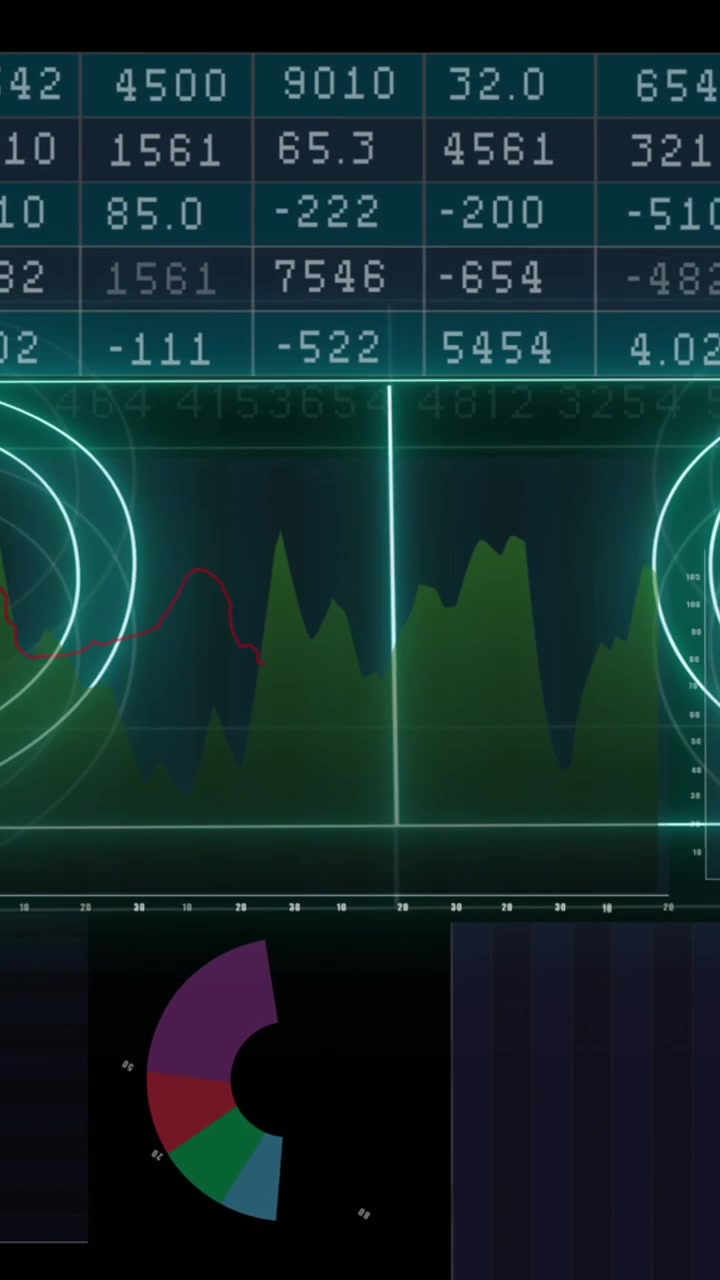 Animazione grafica computerizzata di un campo da calcio 3D al neon su dati, grafici e diagrammi su un'interfaccia digitale.