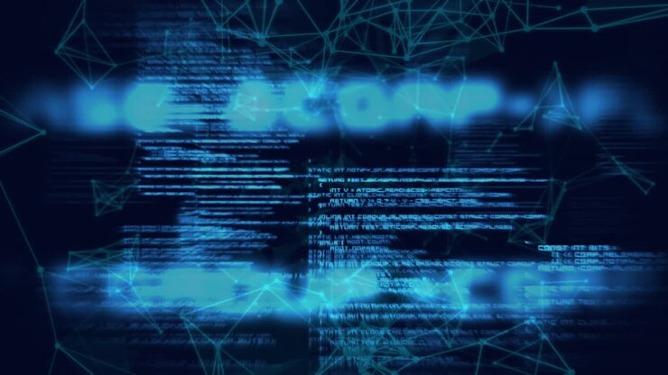 Network of connections and data processing on blue background