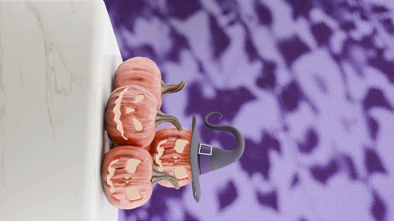 calabazas de halloween con sombrero de bruja proyectando sombras en un fondo púrpura vertical