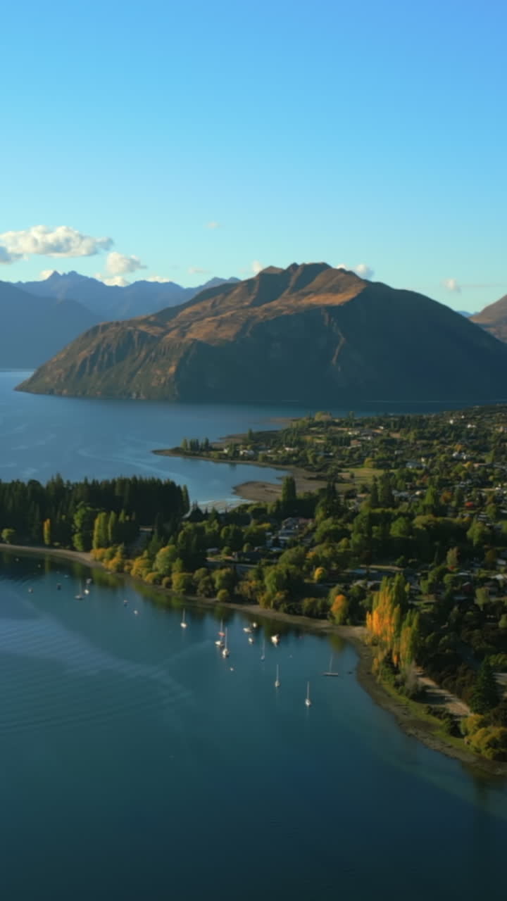 Lake Wānaka and the town of Wanaka in the Otago region of South Island, New Zealand - vertical aerial parallax