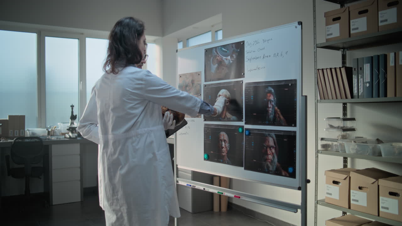 científicos analizando un cráneo y reconstrucciones digitales de humanos antiguos