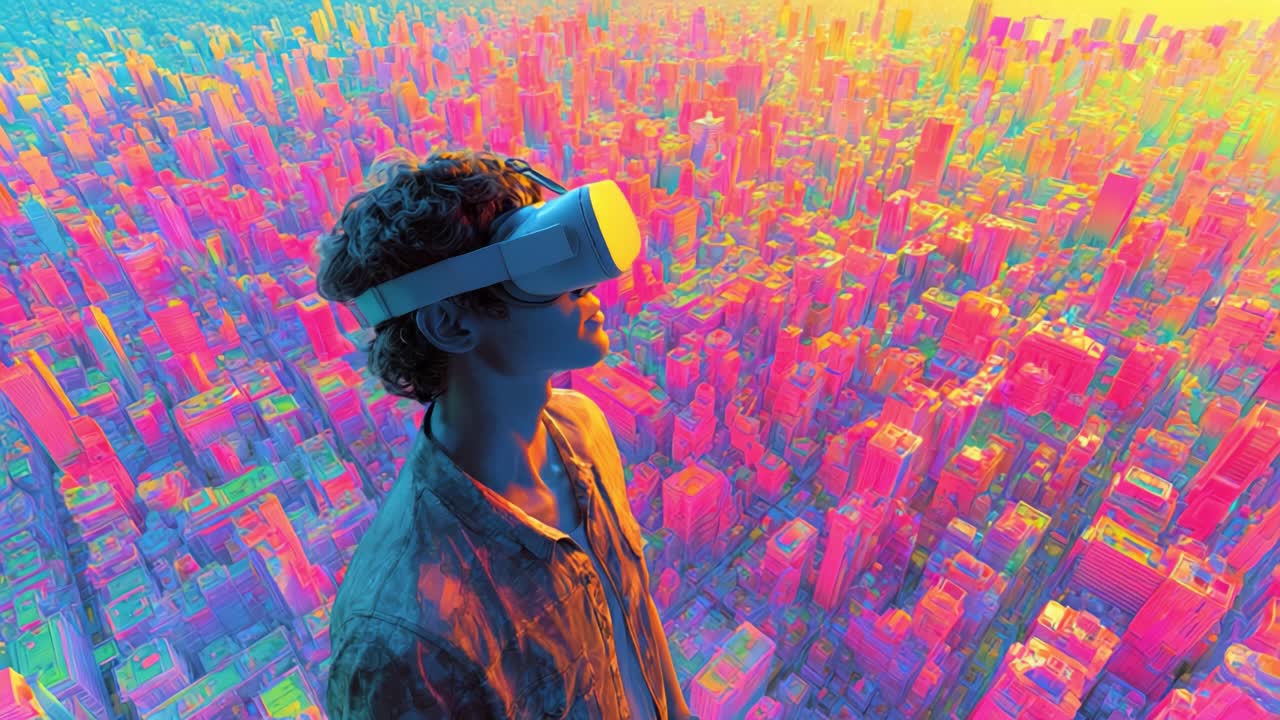 A Futuristic Exploration of Urban Landscapes: A Young Person Wearing a Virtual Reality Headset Overlooks a Vibrant and Colorful City, Merging Technology with Artistic Imagination in a Stunning Visualization