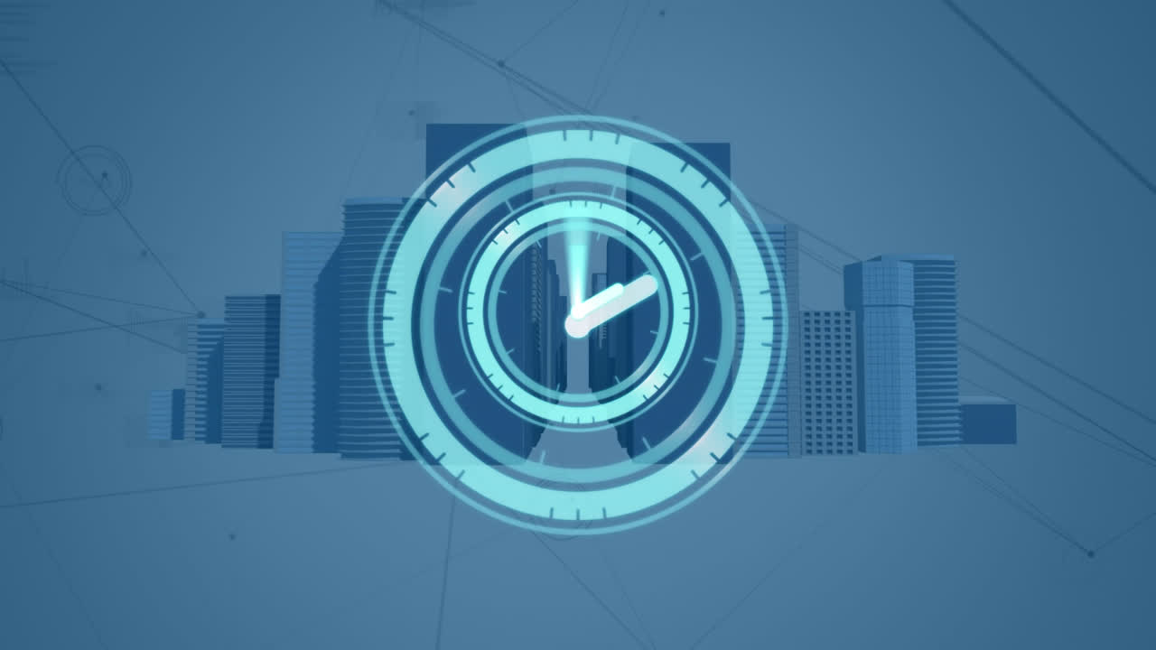 Animation of moving clock over city scape and data processing