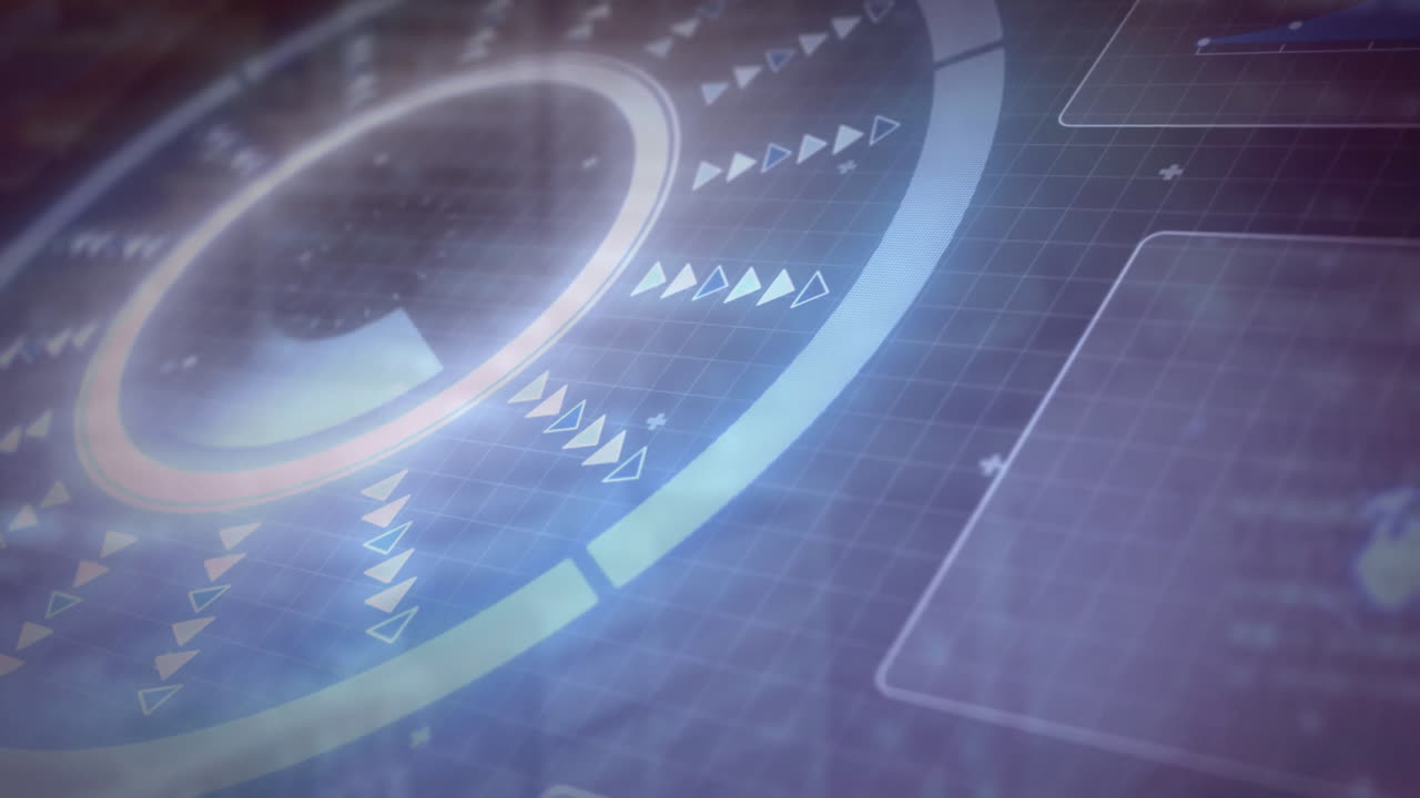 그리드 배경에서 데이터 처리 애니메이션과 함께 미래의 원형 인터페이스