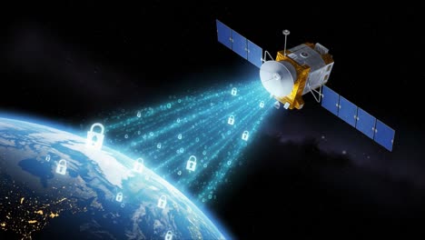 a high-tech satellite transmitting secure data streams to earth, visualizing digital encryption and communication between orbit and planet surface