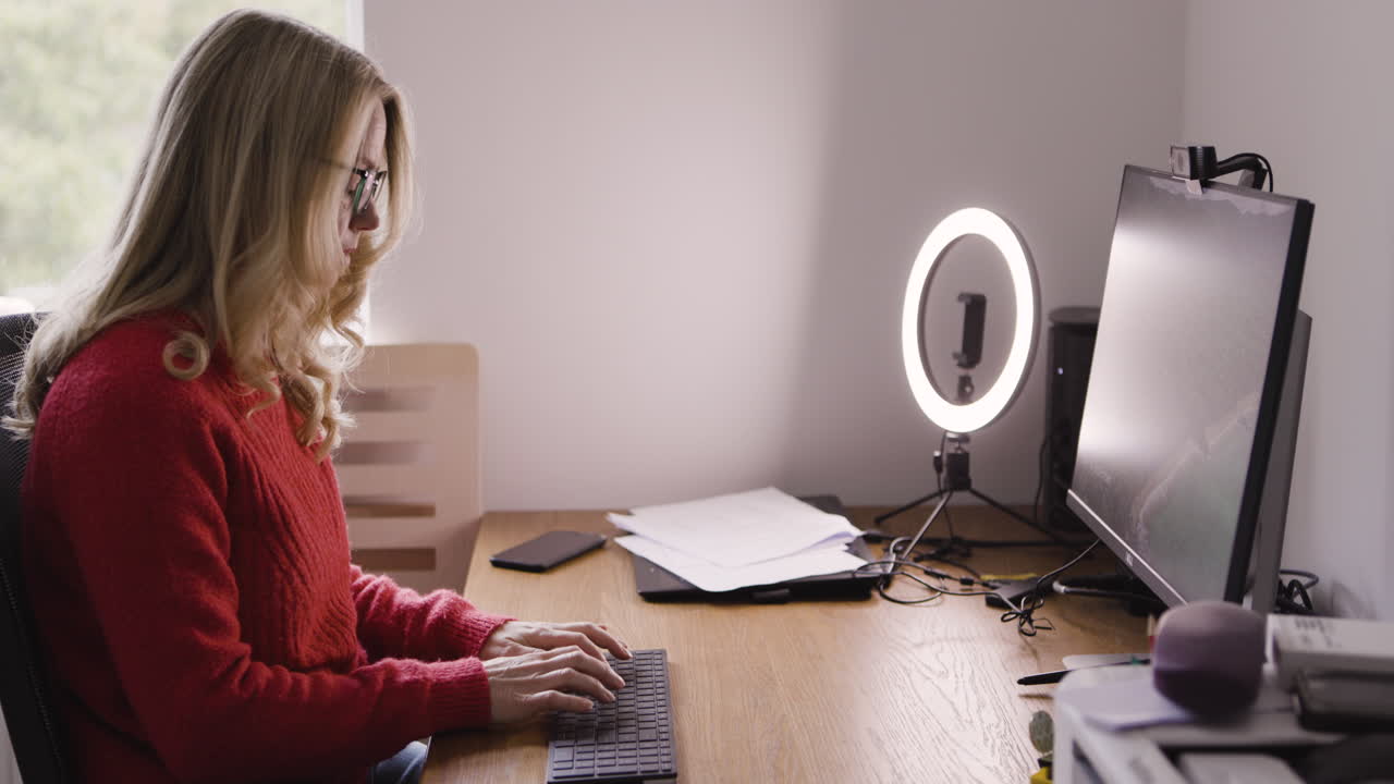 Woman working at a desk in a home office