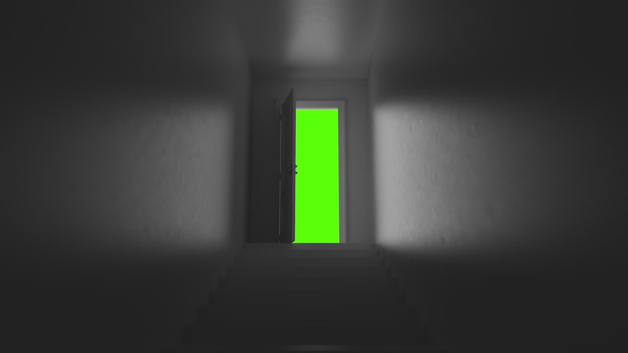 Open door with steps in a dark room on a green background