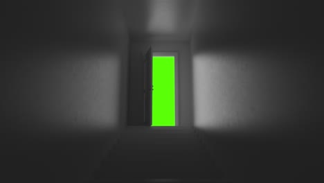 puerta abierta con escalones en una habitación oscura sobre un fondo verde