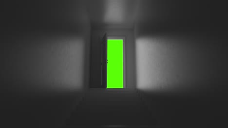 open door with steps in a dark room on a green background