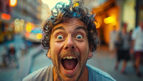 man with wild and surprised expression on street