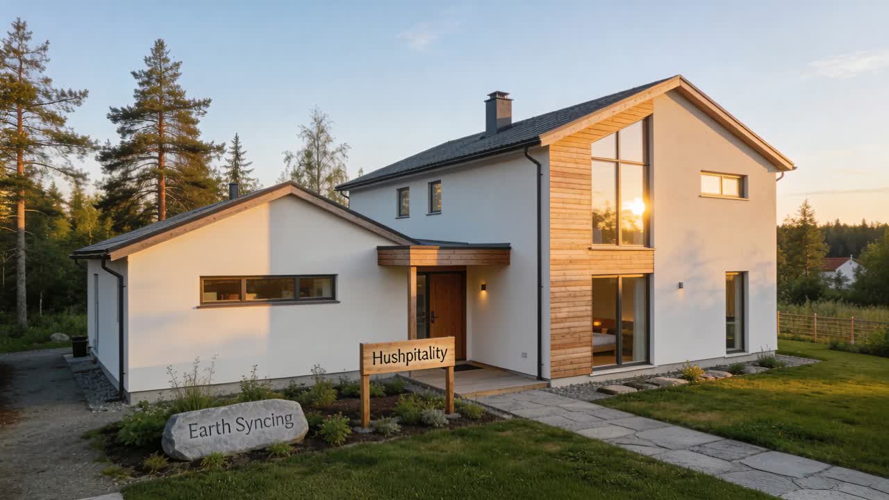Kamera beveger seg fremover til høyre fra hagen, rammer inn et hus, viser et Hushpitality-skilt, Earth Syncing-stein.