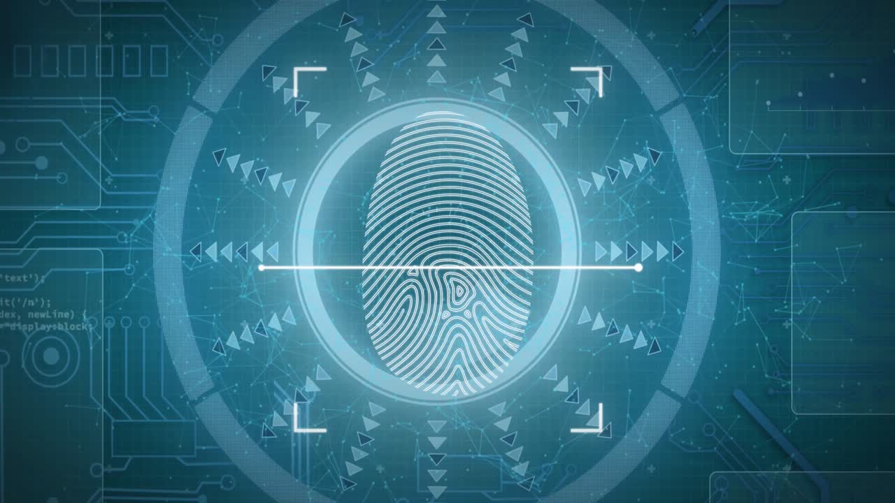 animación del escáner de huellas dactilares sobre la placa base y procesamiento de datos en la interfaz