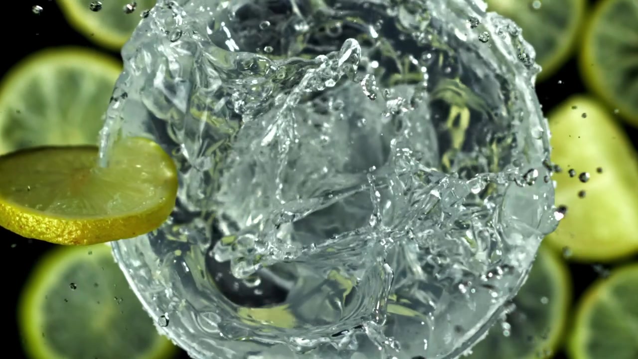 Slow Motion Ice Cubes Splashing into a Refreshing Drink with Lime