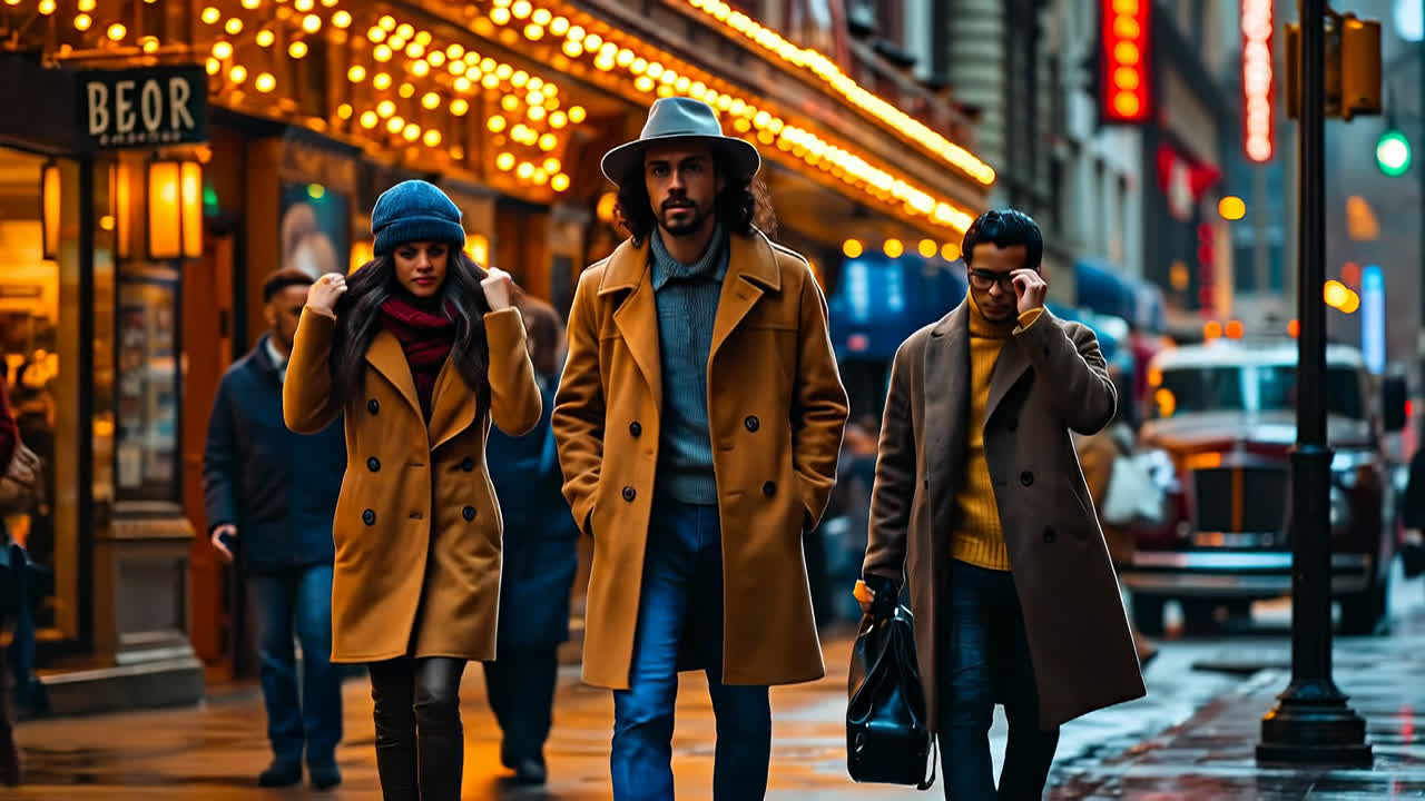 Persone che camminano in una strada affollata in inverno. Tre persone camminano su una strada affollata della città indossando cappotti