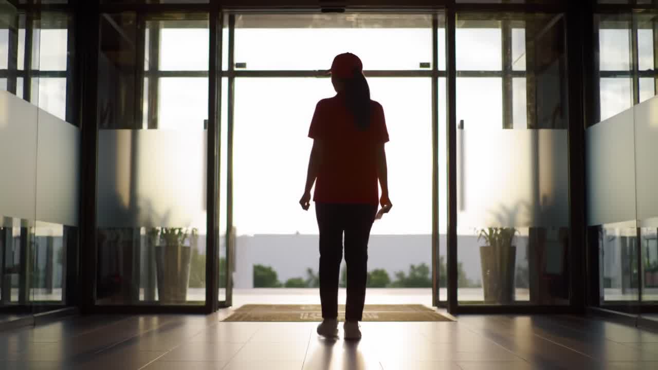 A Figure Exiting Through Glass Doors at Sunset, Silhouetted Against the Light in a Modern Space, Capturing a Moment of Departure and Reflection