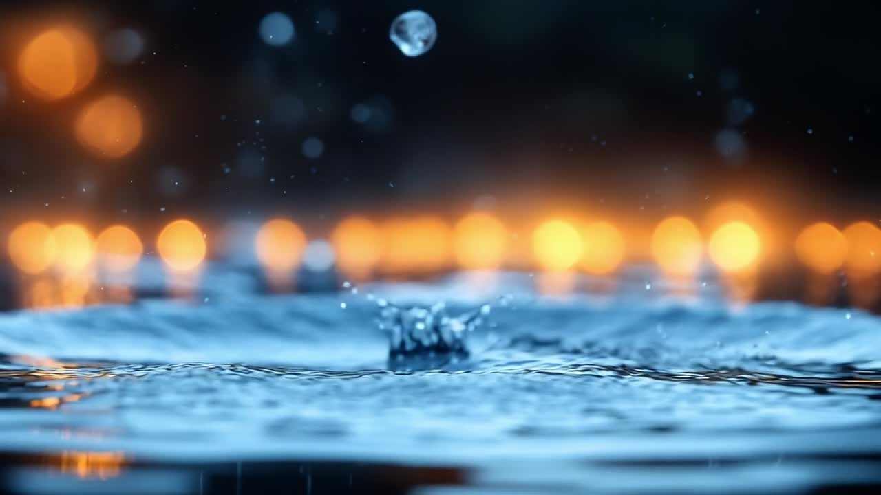 Water drops make ripples. A droplet falls into water, creating ripples and splashes against a blurred backdrop of warm lights.