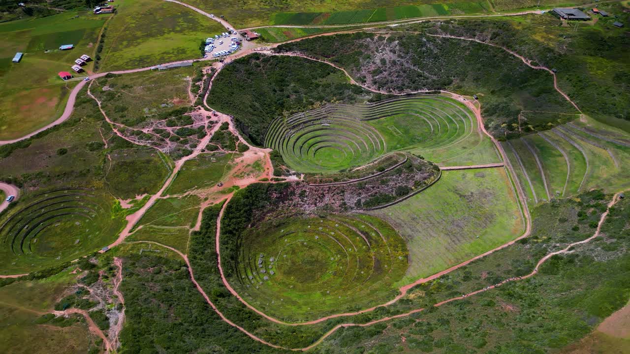 Aerial parallax flight reveals the mysterious circular terraces of the Moray archaeological site, an ancient Inca agricultural laboratory in the Sacred Valley of Peru.