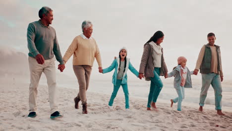 big family, holding hands and beach walk in nature