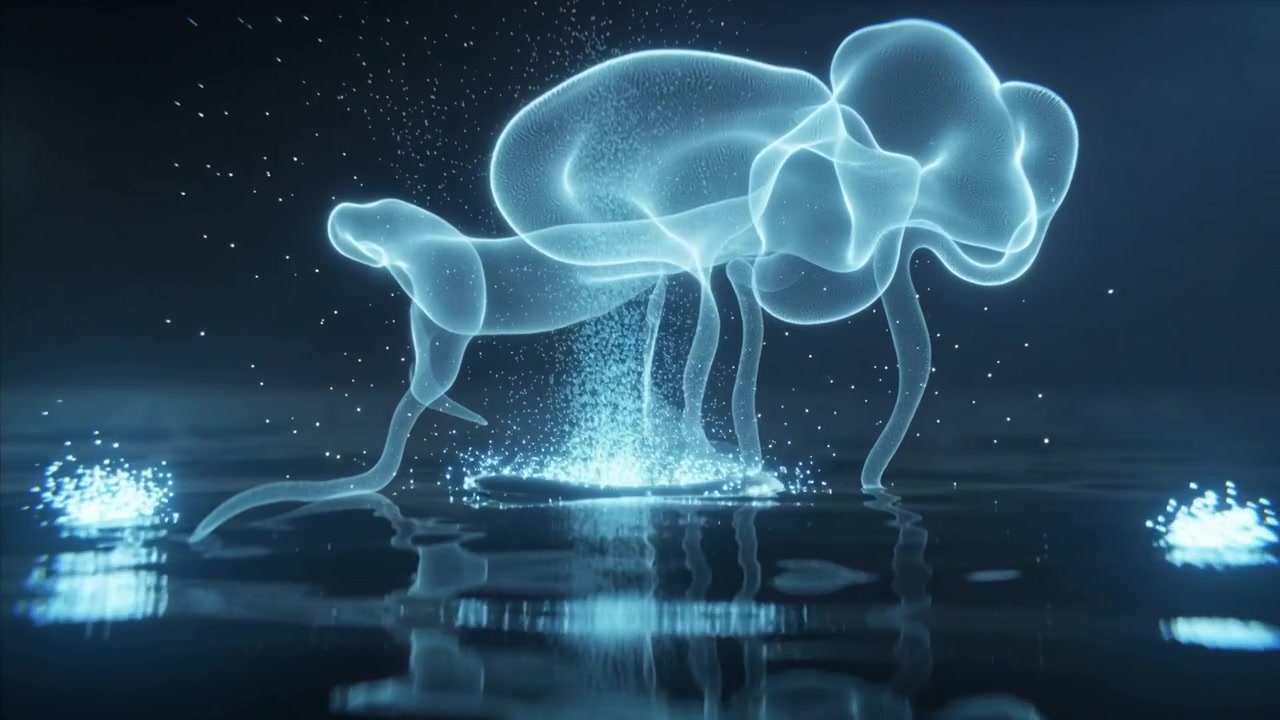 Una forma luminosa sospesa che emette scintille sopra acqua scura, premendo la superficie e formando un riflesso.