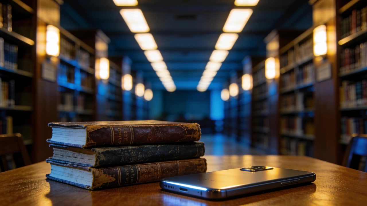 Inquadratura da tavolo, ripresa a mano, che mostra libri in pelle impilati e un telefono in biblioteca per contrasto