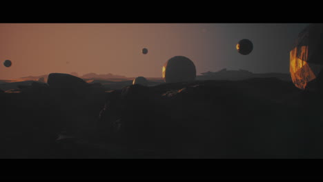 alien planet desert landscape during sunset with strange sphere-shaped buildings