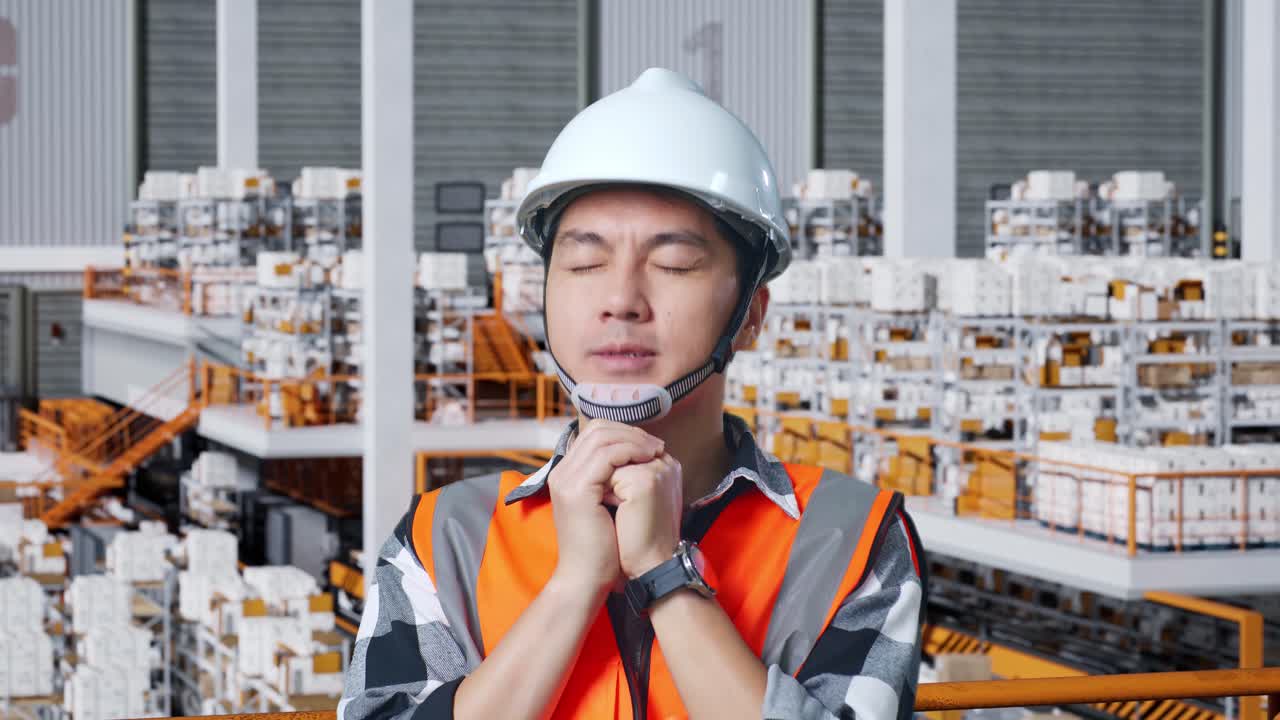안전 헬을 입은 아시아 남성 엔지니어가 배달 물품으로 가득 찬 선반과 함께 창고에 서서 무언가를 위해 기도합니다.