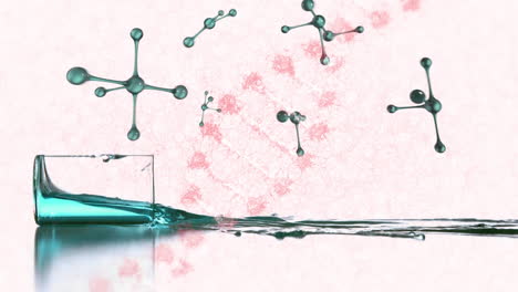 animation of falling molecules and spinning dna strand over white background