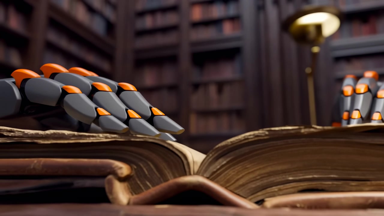 Close view of two robotic hands with orange accents touching a large aged open book on a wooden table, with blurred bookshelves and a warm lamp glowing in the