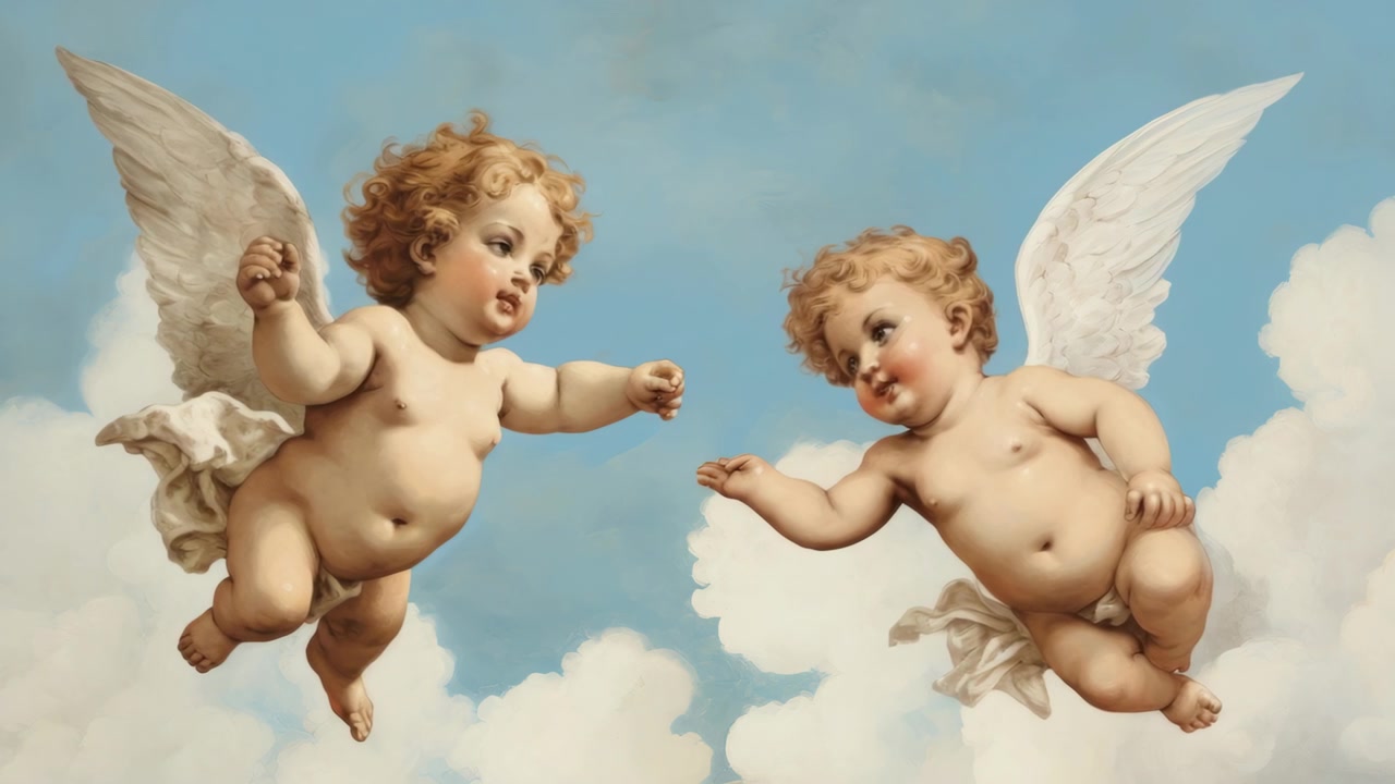 Two Cherubs Floating Among Clouds in Classical Painting Style