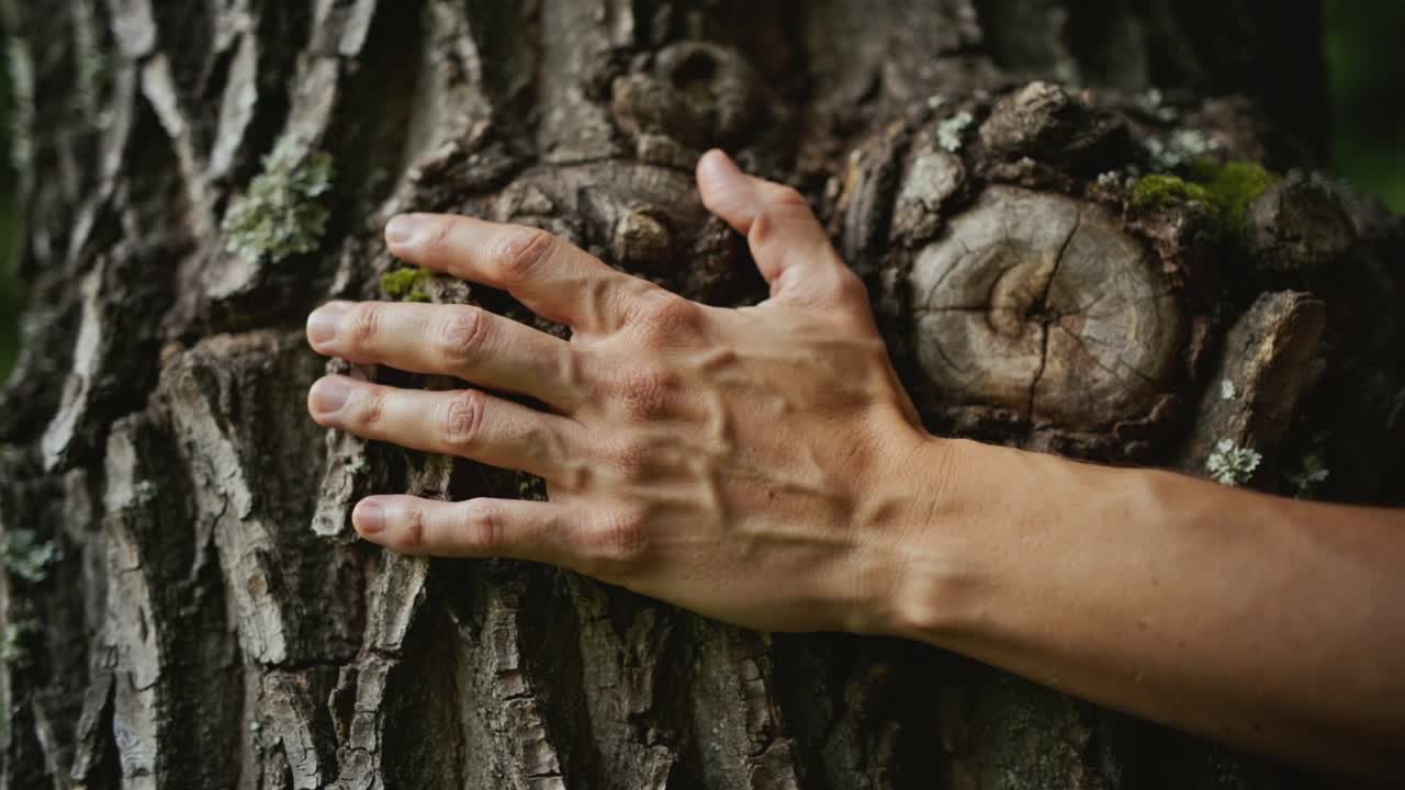 Colocando a mão direita nua e o antebraço no tronco de uma árvore na floresta, sentindo as texturas da protuberância e do líquen.